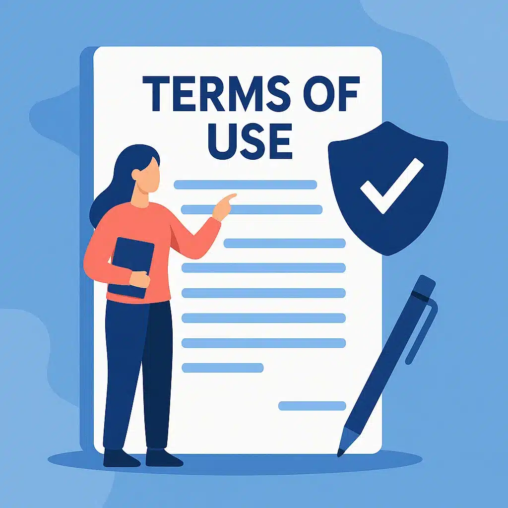Flat-design digital illustration labeled ‘Terms of Use’ featuring legal icons and policy-related graphics, representing TrendSpotterNews website usage guidelines.