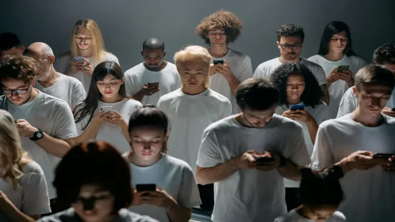 Digital Addiction, some people scrolling on their phones and one of them not