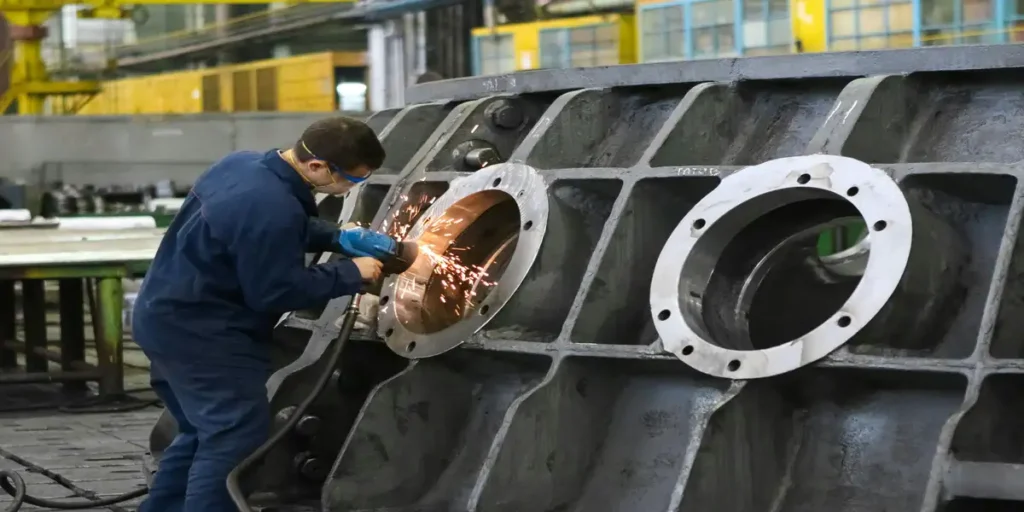 Factory worker using power tools to grind metal inside a large industrial facility, illustrating advanced manufacturing processes.