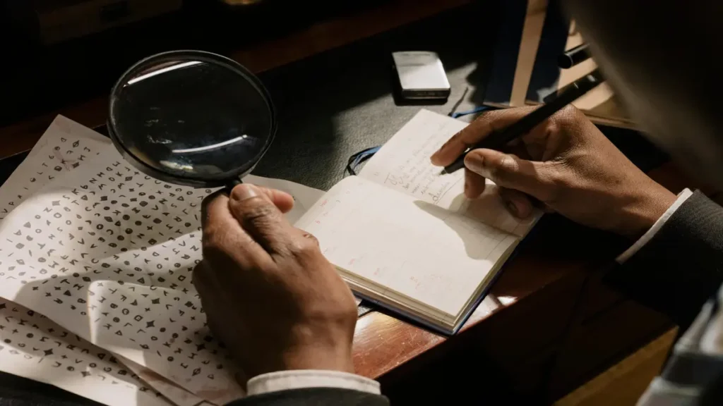 Person examining coded documents with a magnifying glass while taking notes.