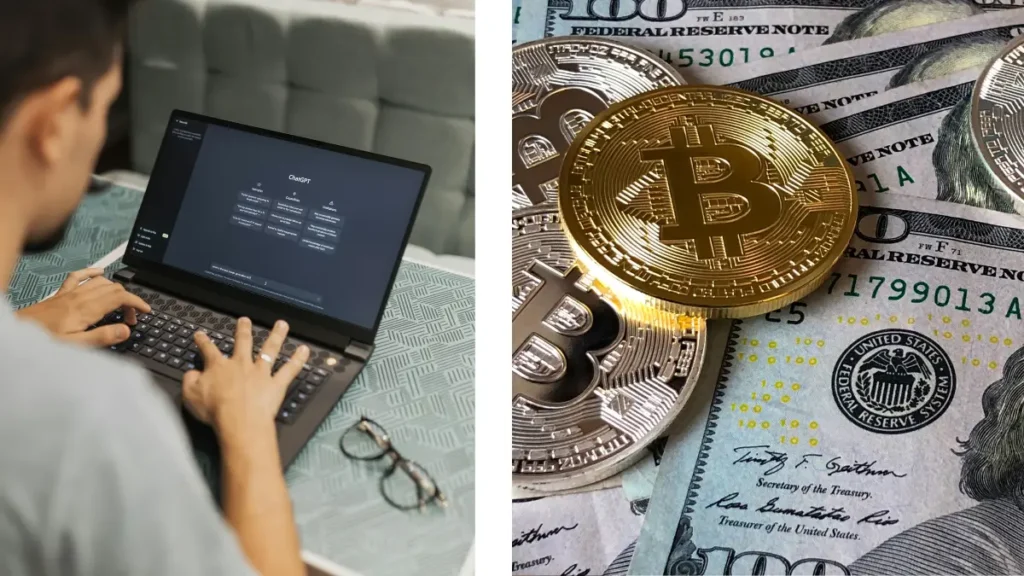 A person working on a laptop displaying an AI tool interface, with cryptocurrency coins and dollar bills beside it.