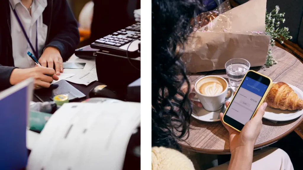 Side-by-side comparison of traditional banking paperwork and a woman checking her digital bank balance at a café.