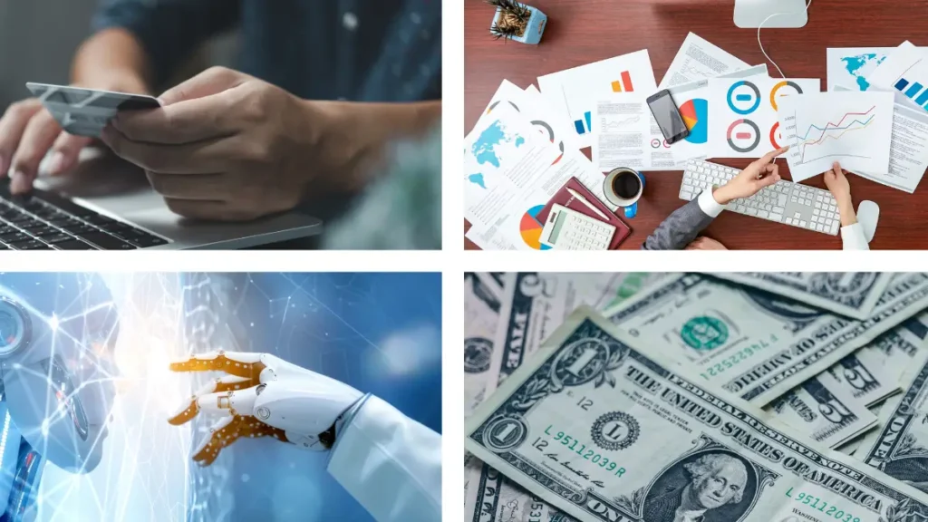 Collage of modern financial activities including card payments, analytics dashboards, AI robotics, and cash.