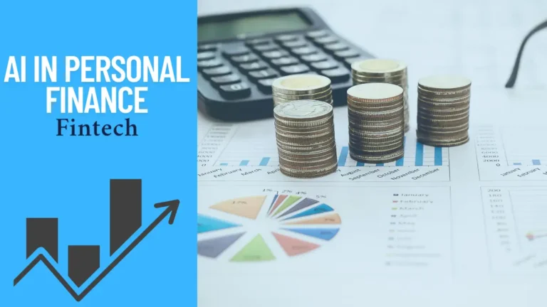 AI in personal finance illustration showing coin stacks, financial graphs, and a rising trend chart.