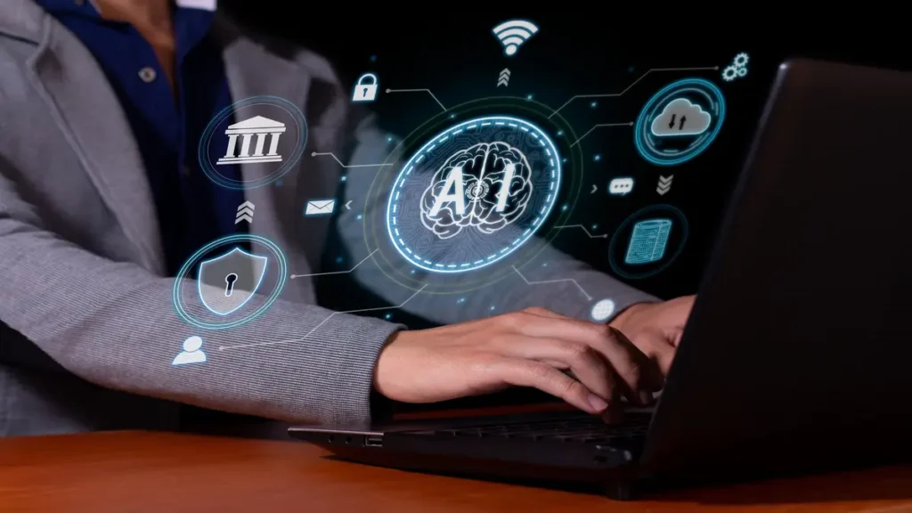 Person typing on laptop with glowing AI icons and neural network graphics representing artificial intelligence and digital connectivity