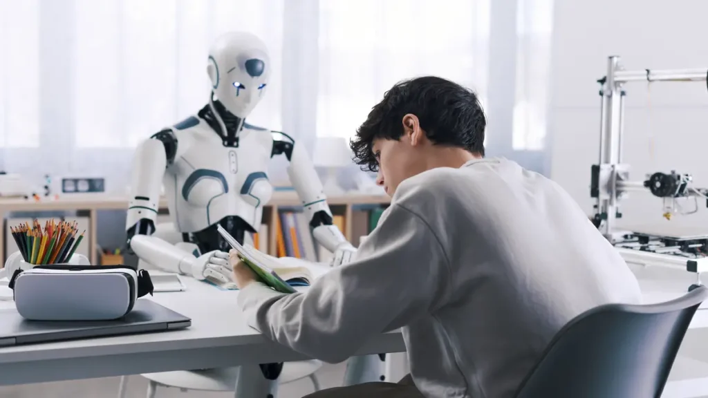 Humanoid robot collaborating with a student in a high-tech classroom, symbolizing the future of AI in education and robotics startups