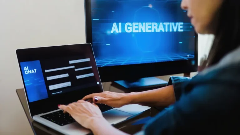 AI prompt engineering for small businesses – A woman interacts with an AI chat interface on her laptop while “AI Generative” glows on a second monitor.