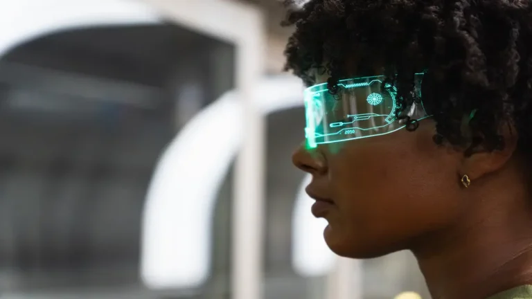 Smart glasses in 2025 used by a woman with futuristic augmented reality interface