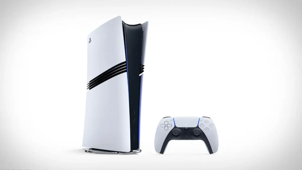 Sony PlayStation 5 Pro and DualSense controller on white background