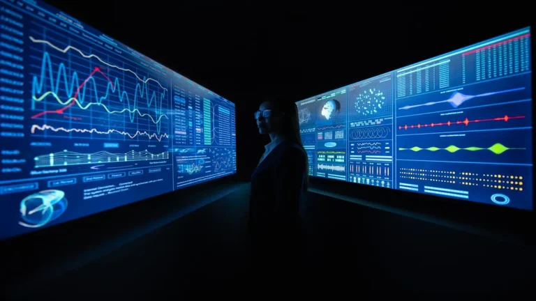 AI predictive analytics displayed on large digital screens as a businesswoman observes complex financial and data visualizations in a dark tech environment