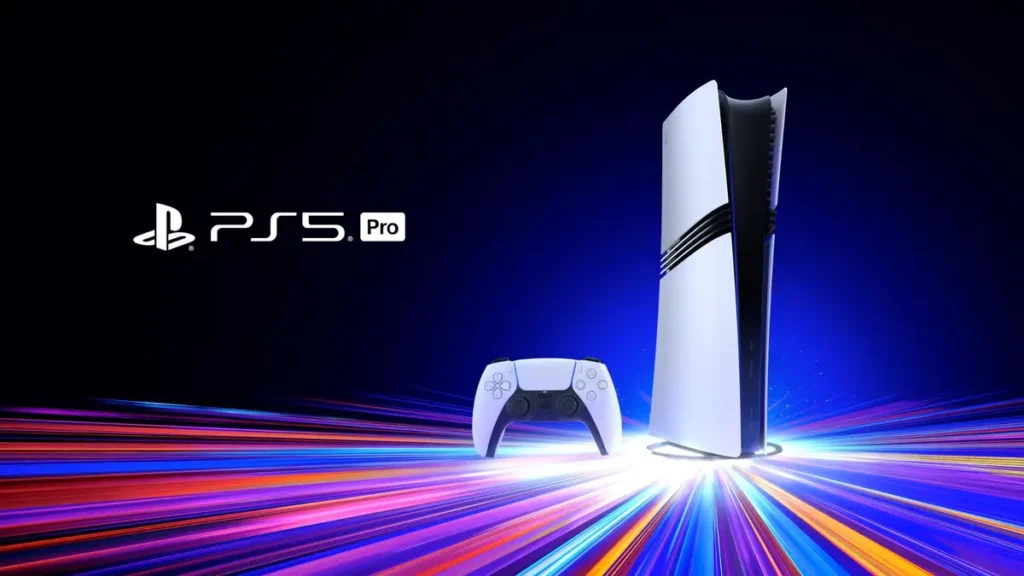 PS5 Pro console with DualSense controller over colorful light streaks